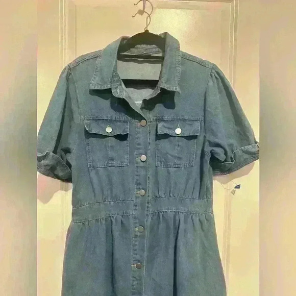 Denim Casual Lapel Button Down Front Maxi Shirt Short Sleeve Dress - Picture 3 of 6